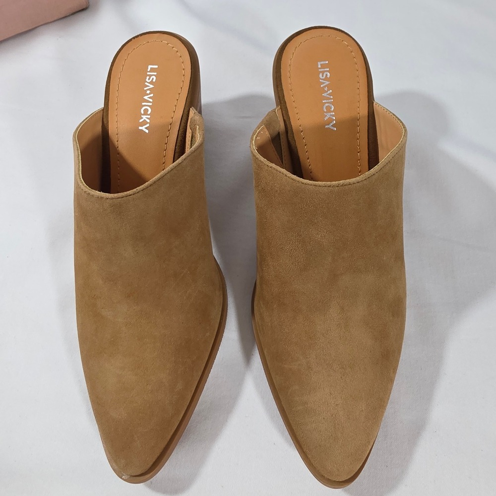 Lisa Vicky Womens Tan Suede Pointed Toe Block Heel Mules Shoes Size 8M